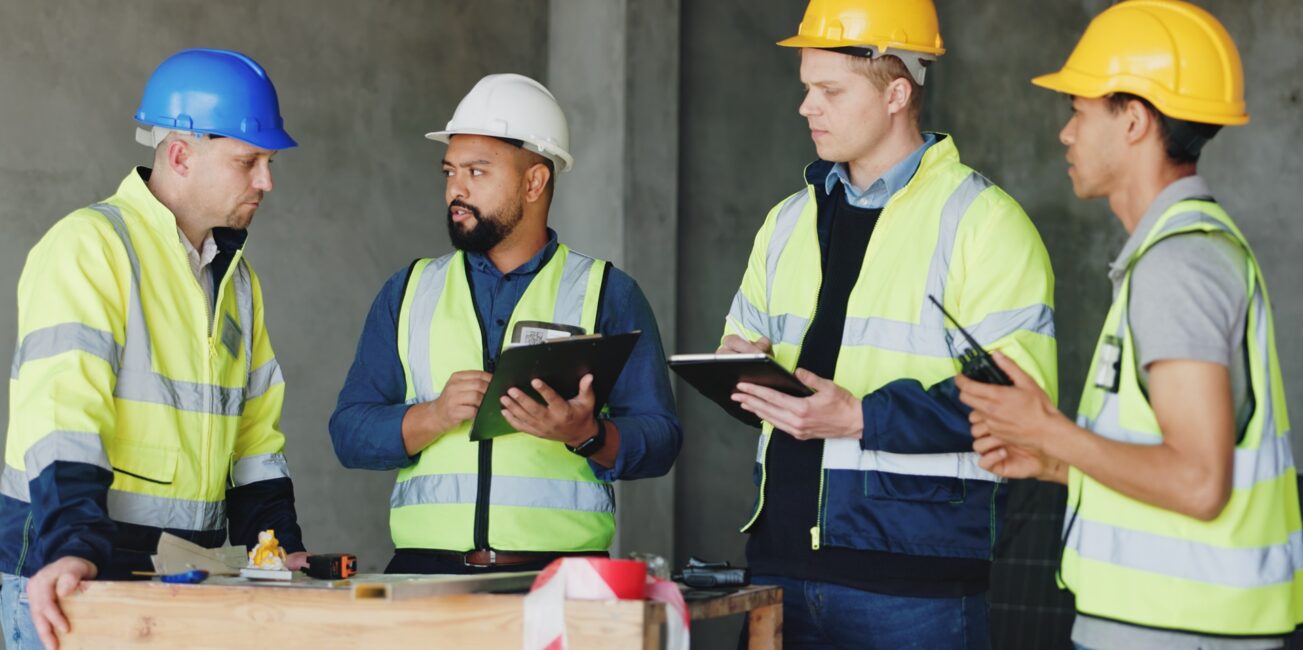 Baubesprechung mit Sicherheitshelmen und Westen | Absperrung Baustelle