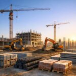 Lohnbuchhaltung im Baugewerbe – Baustelle mit Kränen, Baggern und Baumaterialien